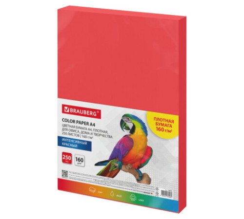 Бумага цветная ПЛОТНАЯ BRAUBERG, А4, 160 г/м2, 250 л., красная, интенсив, для печати, творчества, 116672