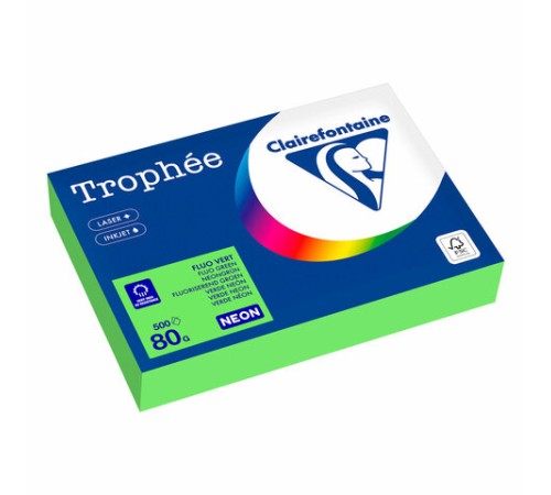 Бумага цветная CLAIREFONTAINE, А4, 80 г/м2, 500 л., неон, зеленый, Франция, 2975C, 2975PC