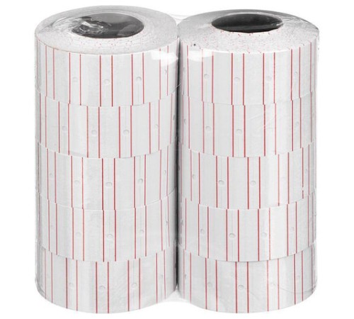 Этикет-лента 21х12 мм, прямоугольная, белая с красной полосой, КОМПЛЕКТ 10 рулонов по 1000 этикеток, 117546