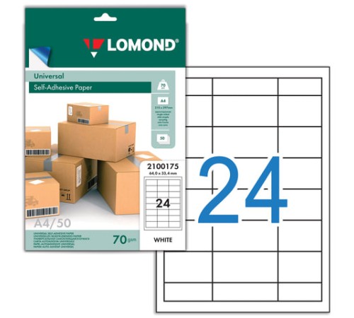 Этикетка самоклеящаяся 64,6х33,4 мм, 24 этикетки, белая, 70 г/м2, 50 листов, LOMOND, 2100175