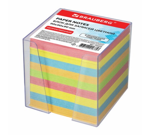 Блок для записей BRAUBERG в подставке прозрачной, куб 9х9х9 см, цветной, 122225