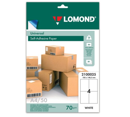 Этикетка самоклеящаяся 105х148,5 мм, 4 этикетки, белая, 70 г/м2, 50 листов, LOMOND, 2100025