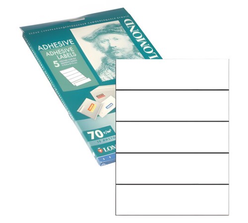 Этикетка самоклеящаяся 210х57 мм, 5 этикеток, белая, для папок-регистраторов, 70 г/м2, 50 листов, LOMOND, 2100245