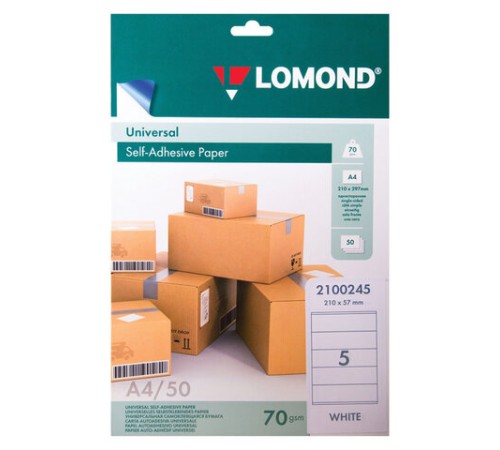Этикетка самоклеящаяся 210х57 мм, 5 этикеток, белая, для папок-регистраторов, 70 г/м2, 50 листов, LOMOND, 2100245