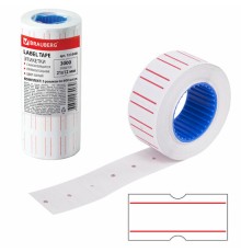 Этикет-лента 21х12 мм, прямоугольная, белая с красной полосой, комплект 5 рулонов по 600 шт., BRAUBERG, 123568