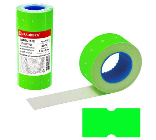 Этикет-лента 21х12 мм, прямоугольная, зеленая, комплект 5 рулонов по 600 шт., BRAUBERG, 123571