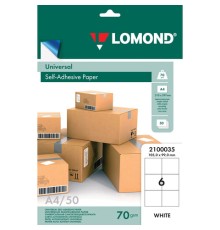 Этикетка самоклеящаяся 105х99 мм, 6 этикеток, белая, 70 г/м2, 50 листов, LOMOND, 2100035