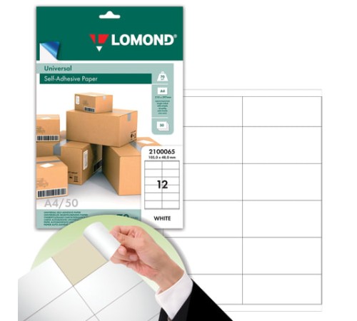 Этикетка самоклеящаяся 105х48 мм, 12 этикеток, белая, 70 г/м2, 50 листов, LOMOND, 2100065