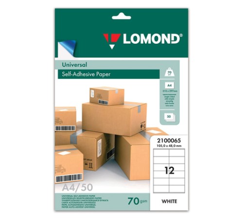 Этикетка самоклеящаяся 105х48 мм, 12 этикеток, белая, 70 г/м2, 50 листов, LOMOND, 2100065
