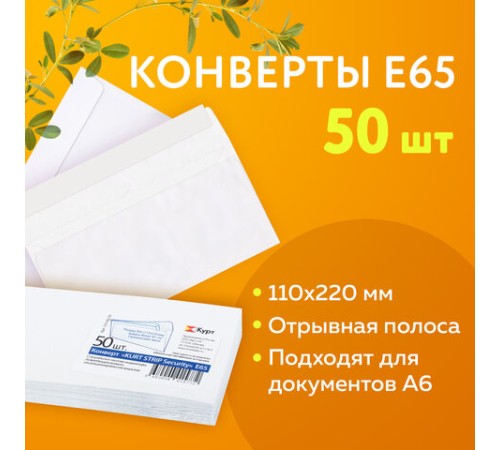 Конверты Е65 (110х220 мм), SECURITY, отрывная лента, 80 г/м2, КОМПЛЕКТ 50 шт., внутренняя запечатка, 121182.50