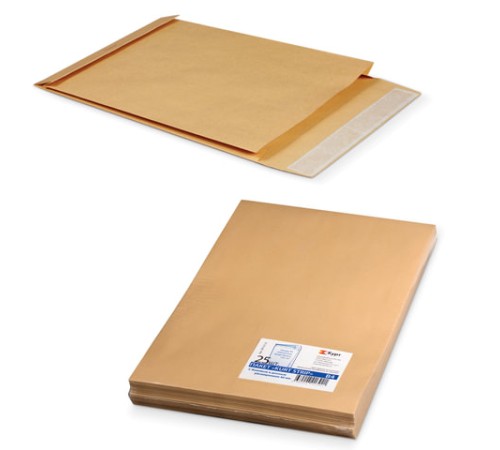Конверт-пакеты В4 объемный (250х353х40 мм), до 300 листов, крафт-бумага, отрывная полоса, КОМПЛЕКТ 25 шт., 391157.25