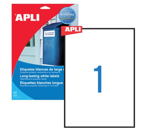Этикетка самоклеящаяся ВСЕПОГОДНАЯ, 210х297 мм, 1 этикетка, полиэстер, белая, 20 листов, APLI, 01228