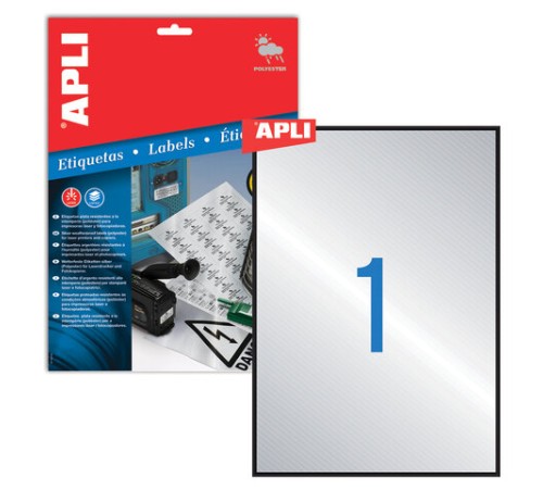 Этикетка самоклеящаяся 210х297 мм, 1 этикетка, серебристая, 20 листов, APLI, 10071