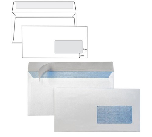 Конверты E65 (110х220 мм) ПРАВОЕ ОКНО, отрывная лента, 80 г/м2, КОМПЛЕКТ 1000 шт., внутренняя запечатка Е65.03СО