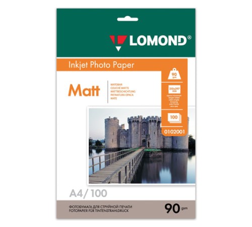 Фотобумага матовая, A4, 90 г/м2, односторонняя, 100 листов, LOMOND, 0102001