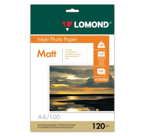 Фотобумага матовая, А4, 120 г/м2, односторонняя, 100 листов, LOMOND, 0102003