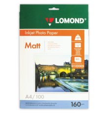 Фотобумага матовая, А4, 160 г/м2, односторонняя, 100 листов, LOMOND, 0102005