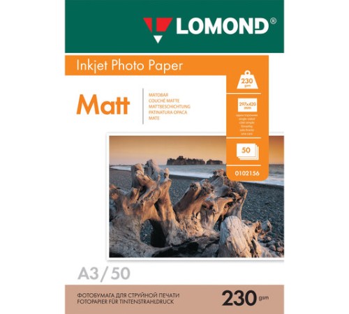 Фотобумага матовая БОЛЬШОГО ФОРМАТА, A3, 230 г/м2, односторонняя, 50 листов, LOMOND, 0102156