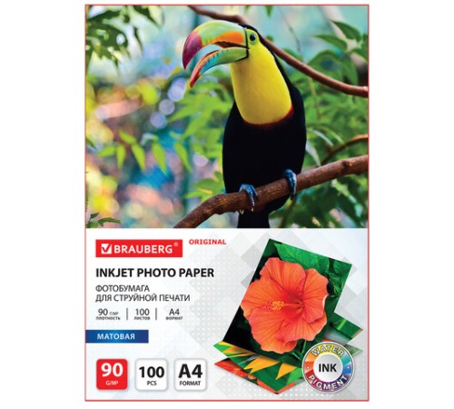 Фотобумага матовая, А4, 90 г/м2, односторонняя, 100 листов, BRAUBERG ORIGINAL, 363979