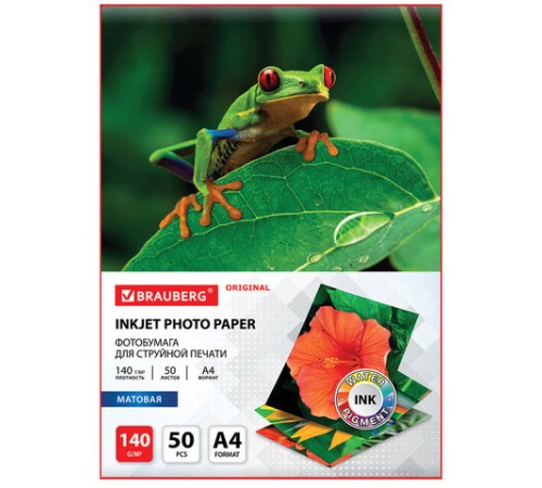 Фотобумага матовая, А4, 140 г/м2, односторонняя, 50 листов, BRAUBERG ORIGINAL, 363983
