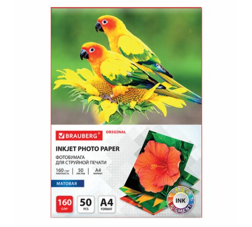 Фотобумага матовая, А4, 160 г/м2, односторонняя, 50 листов, BRAUBERG ORIGINAL, 363985