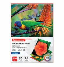 Фотобумага матовая, А4, 230 г/м2, односторонняя, 50 листов, BRAUBERG ORIGINAL, 363991