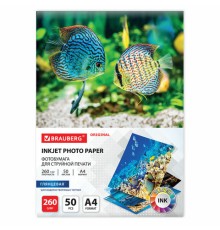 Фотобумага глянцевая, А4, 260 г/м2, односторонняя, 50 листов, BRAUBERG ORIGINAL, 363992