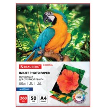 Фотобумага матовая, А4, 260 г/м2, односторонняя, 50 листов, BRAUBERG ORIGINAL, 363993