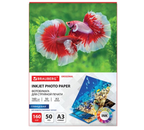 Фотобумага глянцевая БОЛЬШОГО ФОРМАТА, А3, 160 г/м2, односторонняя, 50 листов, BRAUBERG ORGINAL, 363994