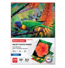Фотобумага матовая БОЛЬШОГО ФОРМАТА, А3, 230 г/м2, односторонняя, 50 листов, BRAUBERG ORIGINAL, 363997