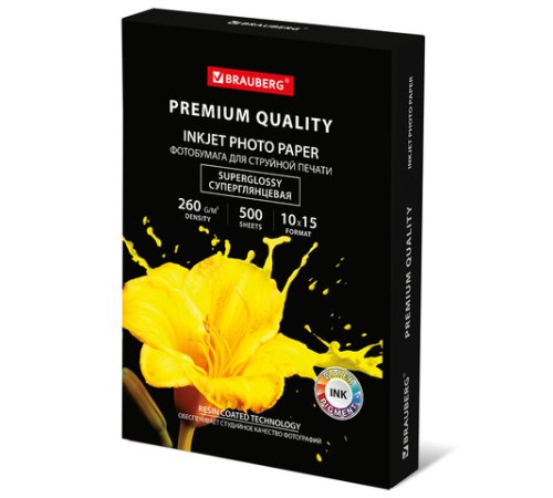 Фотобумага PREMIUM суперглянцевая, 10х15 см, 260 г/м2, односторонняя, 500 листов, BRAUBERG, 364000