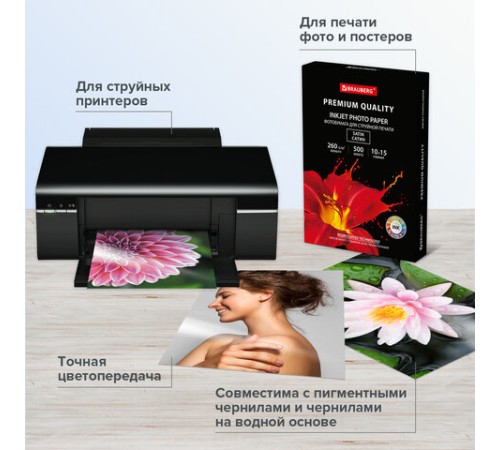Фотобумага PREMIUM сатин, 10х15 см, 260 г/м2, односторонняя, 500 листов, BRAUBERG, 364002