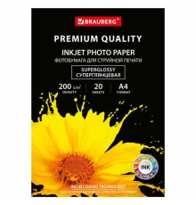 Фотобумага PREMIUM суперглянцевая, А4, 200 г/м2, односторонняя, 20 листов, BRAUBERG, 364003