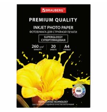 Фотобумага PREMIUM суперглянцевая, А4, 260 г/м2, односторонняя, 20 листов, BRAUBERG, 364004
