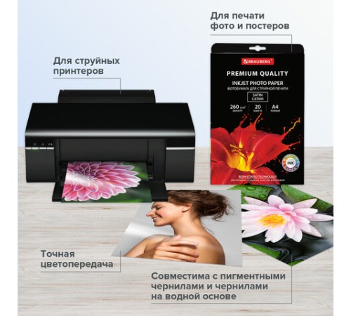 Фотобумага PREMIUM сатин, А4, 260 г/м2, односторонняя, 20 листов, BRAUBERG, 364005