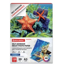 Фотобумага САМОКЛЕЯЩАЯСЯ глянцевая, А3, 130 г/м2, 20 листов, BRAUBERG ORIGINAL, 364008