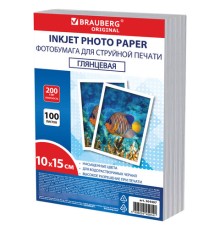 Фотобумага глянцевая, 10х15 см, 200 г/м2, односторонняя, 100 листов, ПАКЕТ, BRAUBERG ORIGINAL, 364407