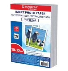 Фотобумага глянцевая, 10х15 см, 230 г/м2, односторонняя, 100 листов, ПАКЕТ, BRAUBERG ORIGINAL, 364409