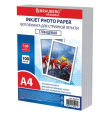 Фотобумага глянцевая, А4, 140 г/м2, односторонняя, 100 листов, ПАКЕТ, BRAUBERG ORIGINAL, 364414