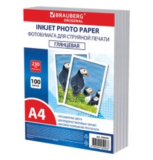 Фотобумага глянцевая, А4, 230 г/м2, односторонняя, 100 листов, ПАКЕТ, BRAUBERG ORIGINAL 364421