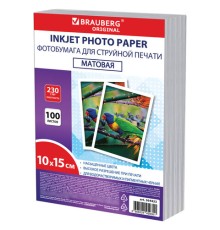 Фотобумага матовая, 10х15 см, 230 г/м2, односторонняя, 100 листов, ПАКЕТ, BRAUBERG ORIGINAL, 364423