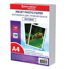Фотобумага матовая, А4, 140 г/м2, односторонняя, 100 листов, ПАКЕТ, BRAUBERG ORIGINAL, 364427