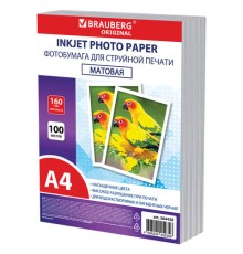 Фотобумага матовая, А4, 160 г/м2, односторонняя, 100 листов, ПАКЕТ, BRAUBERG ORIGINAL, 364428