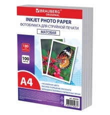 Фотобумага матовая, А4, 180 г/м2, односторонняя, 100 листов, ПАКЕТ, BRAUBERG ORIGINAL, 364430