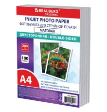 Фотобумага матовая, А4, 200 г/м2, двусторонняя, 100 листов, ПАКЕТ, BRAUBERG ORIGINAL, 364434