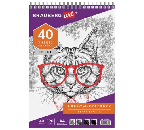 Скетчбук, белая бумага 120 г/м2, 205х290 мм, 40 л., гребень, жёсткая подложка, BRAUBERG ART DEBUT, 110984