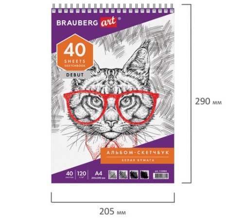 Скетчбук, белая бумага 120 г/м2, 205х290 мм, 40 л., гребень, жёсткая подложка, BRAUBERG ART DEBUT, 110984