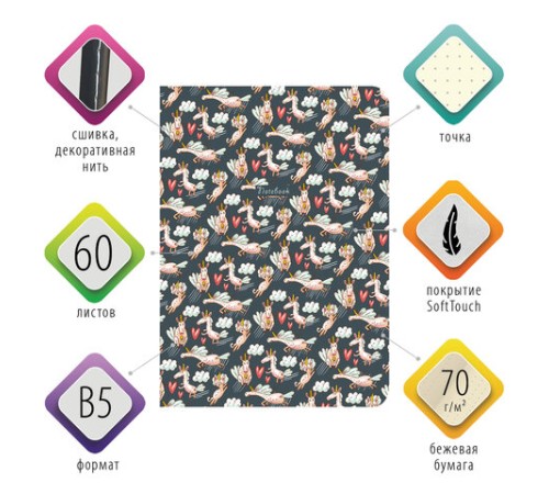 Тетрадь 60 л. в точку обложка SoftTouch, бежевая бумага 70 г/м2, сшивка, В5 (179х250 мм), ЕДИНОРОЖКИ, BRAUBERG, 403827