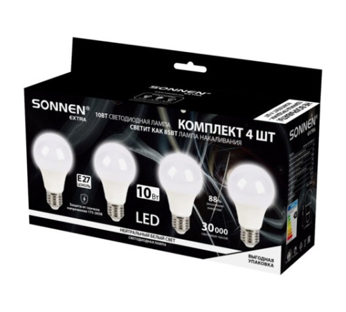 Лампа светодиодная SONNEN EXTRA, 10 (85) Вт, КОМПЛЕКТ 4 шт., Е27, нейтральный белый, 30000 ч, LED A60-10W-4000-Е27, 457893