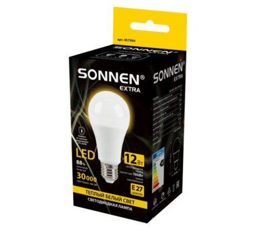 Лампа светодиодная SONNEN EXTRA, 12 (100) Вт, Е27, груша, теплый белый, 30000 ч, LED A60-12W-2700-Е27, 457894
